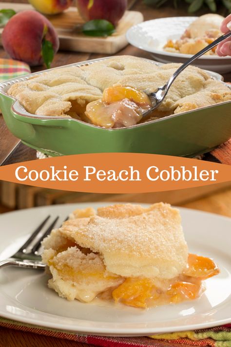 Dig into a fresh peach cobbler with a to-die-for sugar cookie crust. This dessert is just 6 ingredients! Cookie Crusted Peach Cobbler, Sugar Cookie Crust Dessert, Mr Food Recipes, Fresh Peach Cobbler, Cobbler Easy, Sugar Cookie Crust, Mr Food, Cookie Toppings, Homemade Recipes Dessert