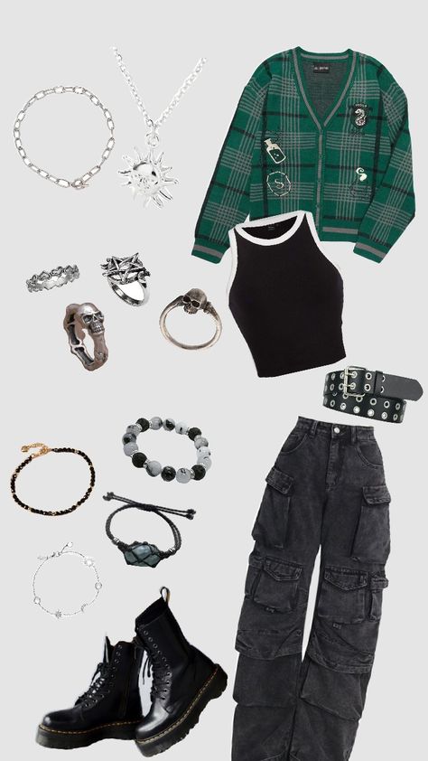 Slytherin outfit inspo Slytherin Casual Outfits, Slytherin Core Outfits, Slytherin Themed Outfits, Slytherin Outfit Girl, Hogwarts Outfits Slytherin, Slytherin Outfit Casual, Slytherin Outfits Aesthetic, Slytherin Aesthetic Fashion, Cute Slytherin Outfits