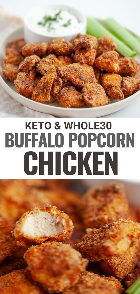 Keto Buffalo Popcorn Chicken is my new favorite low carb meal and high-protein snack! Skip the drive-thru and make these homemade spicy breaded chicken bites in an air fryer or in the oven in 20 minutes or less! Keto Chicken Bites Air Fryer, Keto Chicken Bites, Buffalo Popcorn Chicken, Breaded Chicken Bites, Spicy Breaded Chicken, Buffalo Popcorn, Whole30 Sides, Diet Tracker, Low Carb Meal