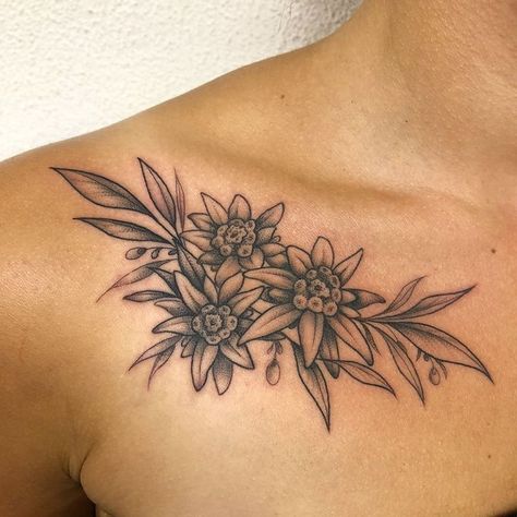 Little edelweiss collar for Léa’s first tattoo. She smashed it - merci! - - - - - #LadyTattooers #uktta #edelweiss #EdelweissTattoo… | Instagram Edelweiss Tattoo, Upper Leg Tattoos, Nintendo Tattoo, Back Of Leg Tattoos, Tattoo Sites, Lower Leg Tattoos, Zelda Tattoo, Single Line Tattoo, Pen Tattoo