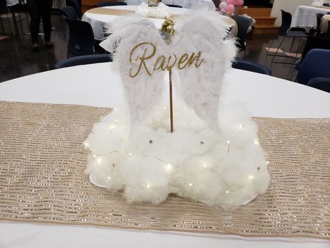 Heaven Sent Centerpieces, Angel Decorations Party, Angel Theme Baby Shower Ideas, Angel Birthday Theme, Angel Theme Birthday Party, Angel Baby Shower Theme, Heaven Themed Party, Angel Centerpieces, Heaven Sent Baby Shower Theme