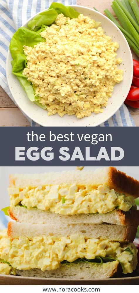 This Vegan Egg Salad looks and tastes just like the real thing! Made with finely chopped firm tofu and an “eggy” vegan egg salad dressing, it’s an easy meal that’s delicious in sandwiches or served at the potluck! | vegan egg salad tofu | vegan egg salad sandwich tofu | vegan egg salad with tofu | vegan egg salad tofu | vegan egg salad nora cooks | vegan egg salad recipe Nora Cooks Vegan, Vegan Egg Salad Recipe, Best Vegan Salads, Vegan Egg Salad, Salad With Tofu, Quick Vegan Dinner Recipes, Nora Cooks, Best Egg Salad Recipe, Egg Salad Sandwich