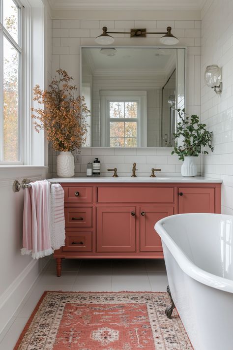 You Can Make Pink Bathrooms Work With These Tips – Everyday Inspo Peach Bathroom Cabinets, Pink And Beige Bathroom, Pink Cabinets Bathroom, Colour Drench Bathroom, Dusky Pink Bathroom, Rose Pink Bathroom, Pink Bathroom Cabinets, Pink And Gold Bathroom Ideas, Blush Bathroom Ideas