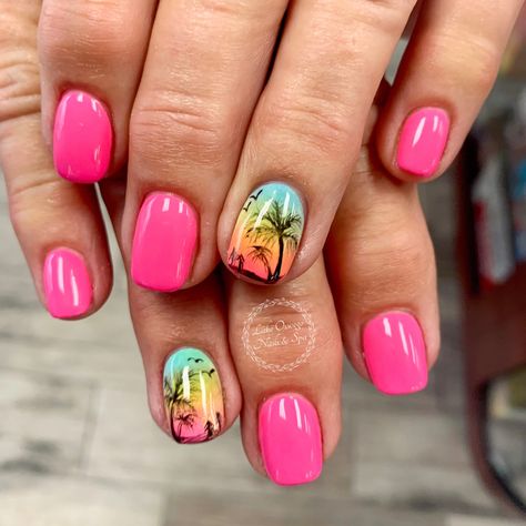 Tropical Holiday Nails Summer, Tropical Sns Nails, Tropical Nail Colors Hawaii, Hawai’i Nails, Tropical Gel Nail Designs, Sunset Beach Nails, Hawaiian Nail Ideas, Carribean Nails Designs, Tropical Nails Short