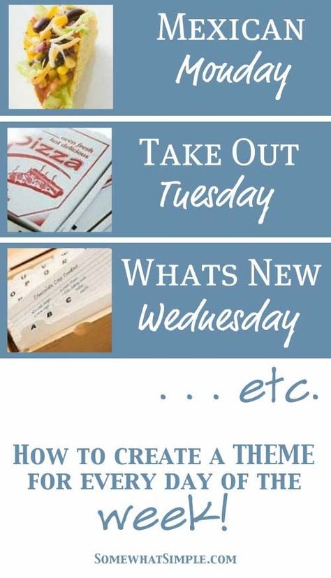 How to create a meal theme for every day of the week! Simple + effective! Meal Themes, Meal Schedule, Meal Planning Menus, Family Meal Planning, Meal Planning Template, Weekday Meals, Dinner Themes, Freezer Cooking, Make Ahead Meals