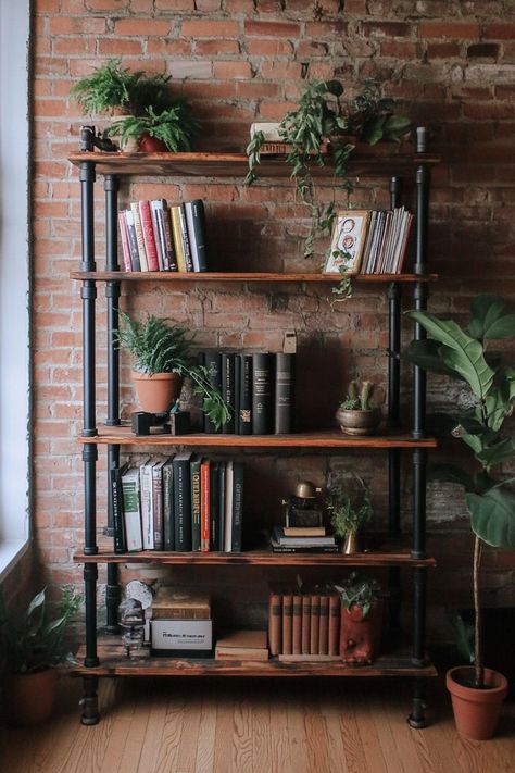 21 Brilliant Bookshelf Ideas to Transform Your Space Industrial Library Design, Repurposed Ladders, Corner Ladder Shelf, Pipe Bookshelf, Business Aesthetics, Bookshelves Ideas, Bookshelf Designs, Western Living Room, Bookcase With Glass Doors