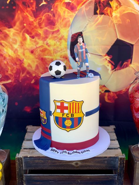 Messi Theme Birthday Party, Barcelona Cake Ideas, Barcelona Soccer Party, Messi Cake, Real Madrid Cake, Barcelona Cake, Soccer Birthday Cakes, Happy 12th Birthday, Messi Barcelona