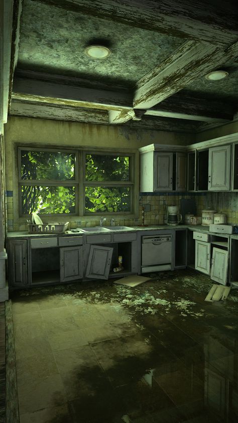 Zombie Apocalypse Scenario, Post Apocalypse Art, The Last Of Us Buildings, Post Apocalyptic Wallpaper, Apocalypse Room, Zombies Aesthetic, Tlou Environment, Zombie Apocalypse House, Apocalypse Vibes