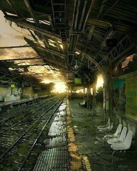 An abandoned train station in Japan~ Apocalypse Aesthetic, Post Apocalyptic Art, Abandoned Train, Post Apocalypse, Abandoned Buildings, Abandoned Houses, Post Apocalyptic, Abandoned Places, Train Station