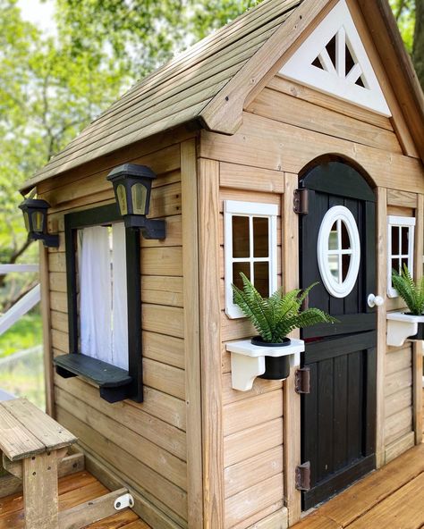 Backyard Discovery Aspen Playhouse Makeover, Black Playhouse, Playhouse Paint Ideas, Update Patio, Wooden Playhouse Makeover, Kids Playhouse Ideas, Kids Playhouse Interior, Diy Wooden Playhouse, Kidkraft Playhouse Makeover