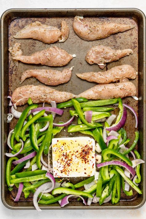 Sheet Pan Gyros, Sheet Pan Chicken Tenderloins, Sheet Pan Chicken Gyros, Healthy Gyros, Chicken Tenderloin, Bake Chicken, Baked Feta, Sheet Pan Chicken, Baked Chicken Tenders