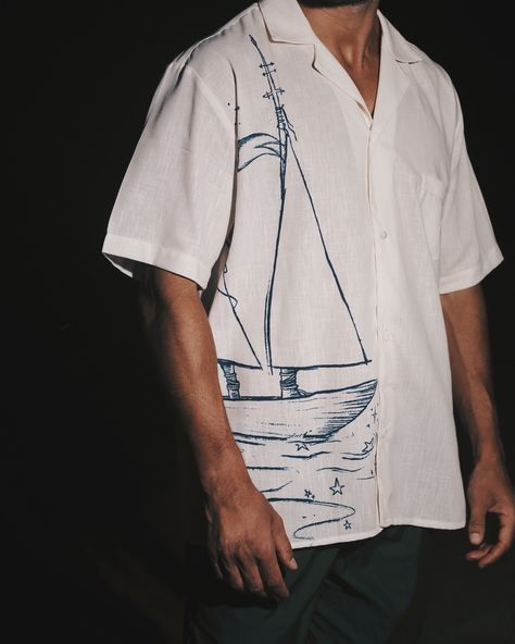 The shirt, adorned with the intricate print of a majestic vessel, embodies the epitome of uniqueness. Linen Shirt Men, Mens Designer Fashion, The Shirt, Fabric Painting, Shirt Men, Linen Shirt, R A, Men's Fashion, Nautical