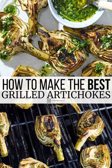 Grilled artichokes with a lemony, garlicky marinade that doubles as a dipping sauce. A  restaurant-level grilled artichoke recipe to impress! Grill Artichoke, Artichoke Recipes Grilled, Grilled Artichoke Recipes, Mediterranean Veggies, Greek Dinner Party, Artichoke Recipe, Greek Dinner, Grilled Artichoke, Garlic Marinade