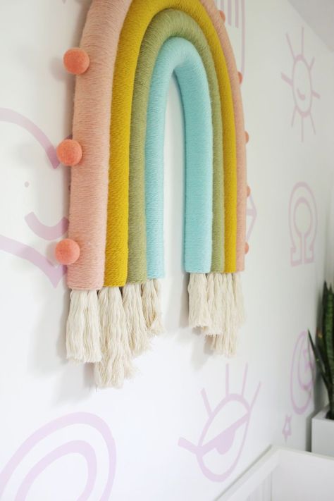 Rainbow Door Decor, Rainbow Room Kids Girl Bedrooms, Diy Playroom Decor, Rainbow Wall Hanging Diy, Rainbow Rooms, Dessert Tablescape, Rainbow Themed Nursery, Rainbow Inspiration, Ideas Habitaciones