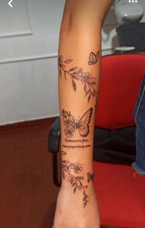 Tattoos That Go With Butterflies, Vine And Butterfly Tattoos For Women, Butterfly Tattoo With Vines, Hibiscus Butterfly Tattoo, Butterfly With Vines Tattoo, Butterfly Tattoos For Women Arm, Tattoos Wrapped Around Arm, Vine Around Arm Tattoo, Butterfly Bracelet Tattoo