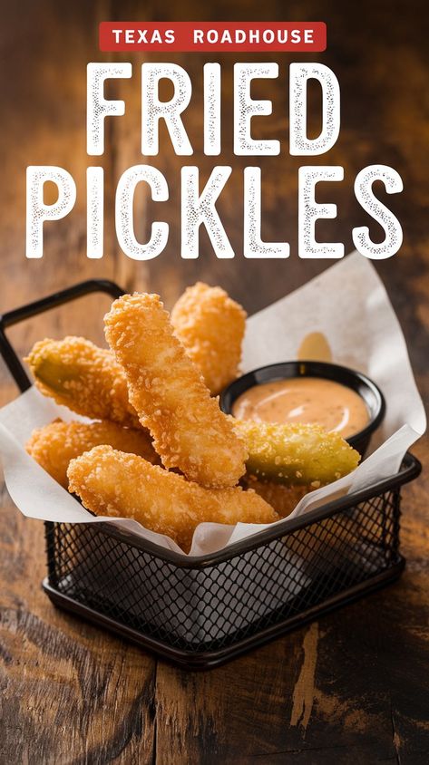 This pin showcases a basket of golden, crispy Texas Roadhouse fried pickles with a side of dipping sauce on a rustic wooden table. Perfect for snack lovers, the image highlights the texture and flavor of this popular appetizer, giving you a taste of the Texas Roadhouse restaurant menu. Texas Roadhouse Fried Pickles, Texas Roadhouse Menu, Fried Pickles, Texas Roadhouse, Crispy Treats, Pickles, Appetizer, Places To Go, Texas