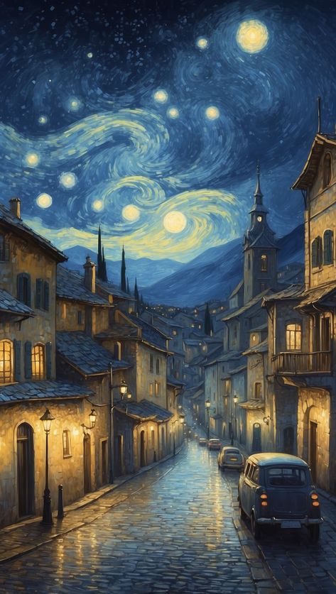 Sky Night Painting, Starry Night Aesthetic, Quaint Homes, Start Night, Vintage Town, Gif Wallpaper, Nostalgic Aesthetic, Stranger Things Max, Stars Art