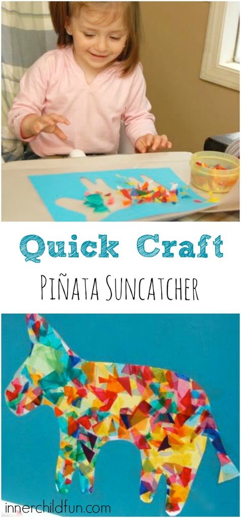 It’s almost time for Cinco de Mayo — one of my favorite holidays! I love the food, the music, and all the bright beautiful colors! We made fun pinata suncatchers today to make our kitchen look a little more festive. I drew an outline of a donkey onto some construction paper, and Emily cut out … Hispanic Heritage Month Crafts, Multicultural Crafts, Mexico Crafts, Spanish Crafts, Hispanic Heritage Month Activities, May Crafts, Hanging Craft Ideas, Mexican Crafts, A Donkey