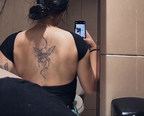 Fairy Tattoo On Back, Fairy Back Tattoo Women, Sternum Simple Tattoos, Spine Back Tattoos For Women, Pretty Back Tattoos, Spine Fairy Tattoo, Fairy Tattoo Wings Back, Side Of Forearm Tattoo Women, Fairy Wing Spine Tattoo