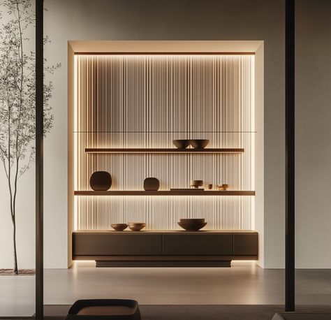 Japanese Aesthetic Apartment, Office Japandi Style, Japandi Luxury Interior, Foyer Cabinet Design, Scandinavian Interior Dark, Quite Luxury Aesthetic, Wood And Stone Interior, Japandi Shelves, Japandi Cabinet