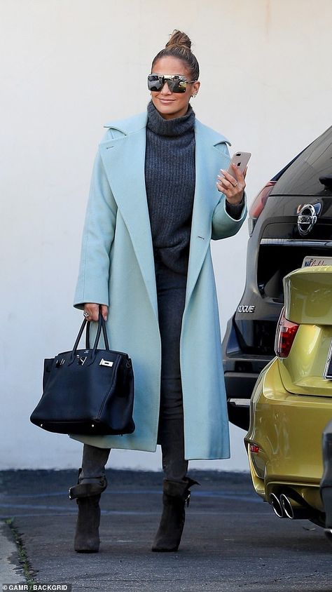 Jennifer Lopez rocks shades of blue in cashmere coat and turtleneck combo in Beverly Hills | Daily Mail Online Blue Coat Outfit, Jennifer Lopez Outfits, J Lo Fashion, Solange Knowles, Blue Coat, Coat Outfits, Cashmere Coat, Inspiration Mode, Fashion Mode