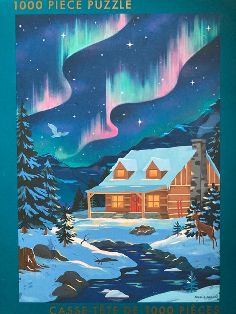 Received as a gift, traded (AK) Northern Lights Illustration, Christmas Packaging Design, Art Northern Lights, Lights Illustration, Light Illustration, Wooden Cabin, Northern Light, Winter Illustration, Wooden Cabins