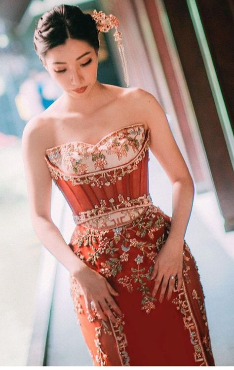 Chinese Inspired Wedding Dress, Peranakan Wedding, Sangjit Dress, Cheongsam Gown, Red Chinese Wedding Dress, Cheongsam Wedding Dress, Chinese Fancy Dress, Filipino Fashion, Cheongsam Modern