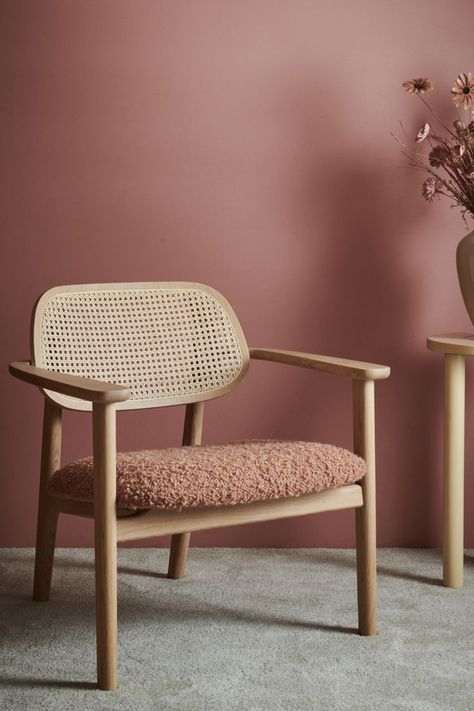 Oak lounge chair in natural oak with cane back. The seat is made of bouclé fabric which adds texture and is nice to touch. Modern Scandinavian Furniture, Scandinavian Furniture Design, Wooden Sofa Set, Ikea Chair, Luxury Chairs, Furniture Trends, Chairs Armchairs, Interior Trend, Upholstered Seating