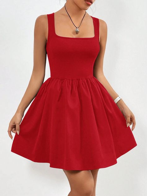 SHEIN EZwear Women Solid Color Simple Square Neck Spaghetti Strap Pleated DressI discovered amazing products on SHEIN.com, come check them out! Red Dance Dress, Simple Red Dress, Red Dance, Dance Theme, Witchy Style, Dark Red Dresses, Red Summer Dresses, Red Dresses Classy, Long Red Dress