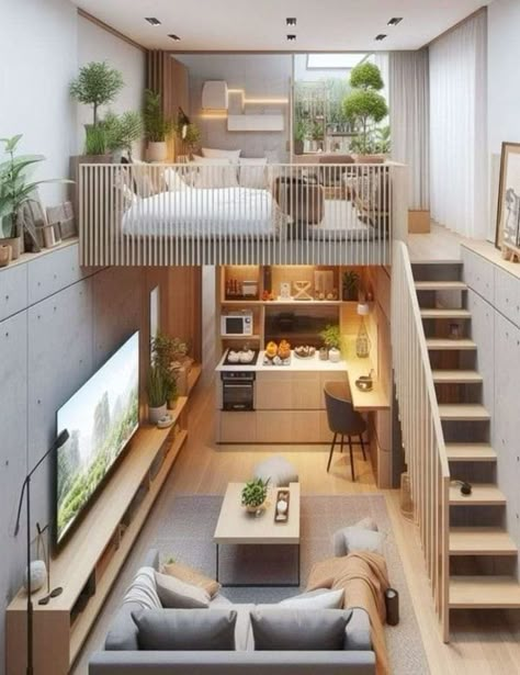 Mezzanine Floor Design, Loft House Ideas, Loft Type House, Cute Apartments, Small Apartment Studio, Small Loft Apartments, Garage Suite, Modern Loft House, Tiny Apartment Decorating