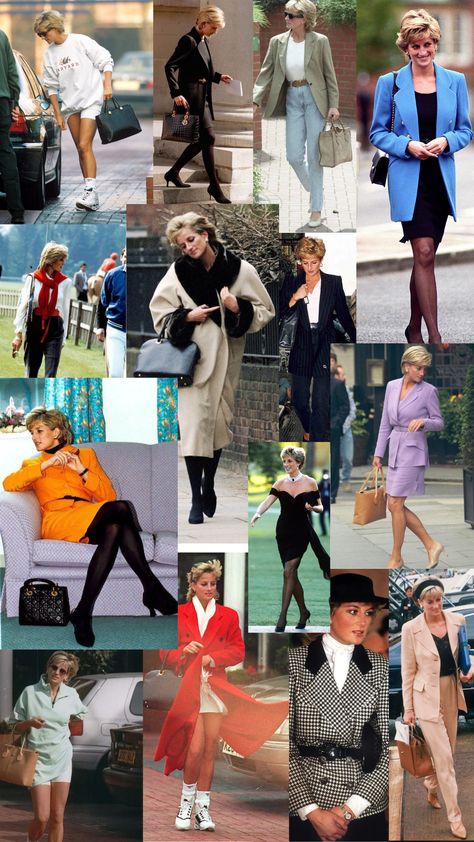 Princess Diana Aesthetic Outfits, Lady Diana Style Outfits, Princess Diana Outfits Style Icons, Princess Diana Mood Board, Princesa Diana Outfit, Princess Diana Casual Style, Princess Diana Workout, Princess Diana Inspired Outfits, Princess Diana Photoshoot