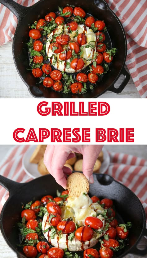 This Grilled Caprese Brie is so easy to make, full of flavor, and oh so cheesy! The Brie is topped with Tomatoes, Garlic, Olive Oil, Basil and Balsamic Glaze for an ultimate taste explosion! Brie And Tomatoe, Baked Brie Sundried Tomatoes, Brie Cherry Tomatoes, Baked Brie With Tomatoes And Basil, Baked Grape Tomatoes, Brie And Roasted Garlic, Baked Brie With Cherry Tomatoes, Tomatoes And Brie, Bbq Brie Cheese