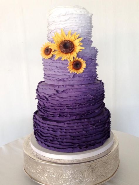 Purple Ombre and Sunflowers Wedding Cake Purple Ombre, Ombré Cakes, Purple Sunflower Wedding, Wedding Cakes Purple, Cake Ruffles, Ombre Cakes, Cakes Purple, Sunflower Wedding Cake, Cake Purple