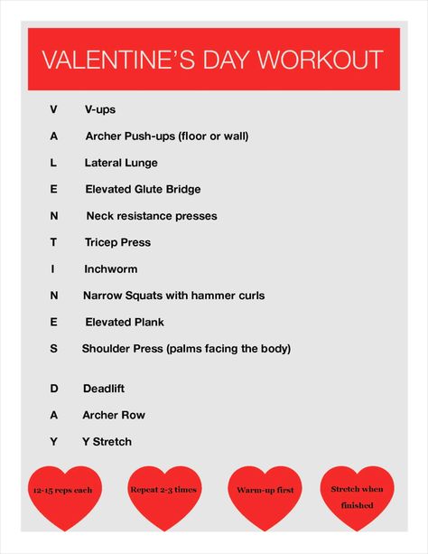 An exercise program to do Valentine's week. Go to the article on how to perform each exercise. It has modifications too. #valentinesworkout #gymworkout #homeworkout #valentinesdayworkout #heartmonth #heartmonthexercises Valentine Workout Ideas, Valentine’s Day Workout, Valentines Workout, Valentines Party Food, Holiday Workout, Heart Month, Group Fitness Classes, Valentine's Week, Glute Bridge