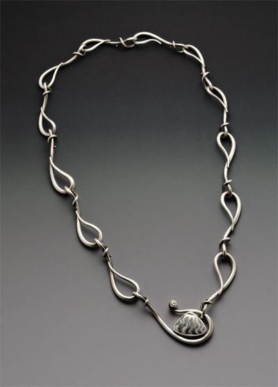 Hand forged sterling silver with fossilized shell and sapphire by W Walsh Designs. Love the chain! Handmade Chains, Bijoux Fil Aluminium, Handmade Chain, Jewelry Design Inspiration, Jewelry Chain, Wire Work Jewelry, Wire Necklace, Jewelry Techniques, Chain Links