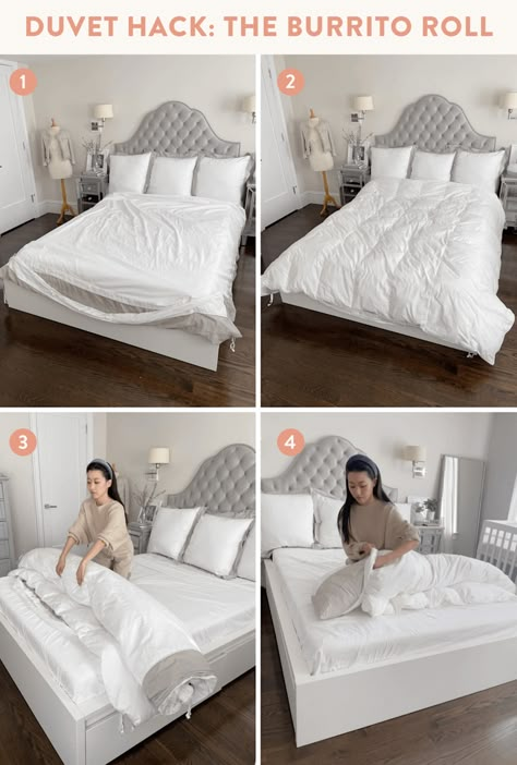 Vintage Bed Styling, How To Fold Duvet, How To Insert A Duvet Cover, Duvet Hack, Folding Clothes Hacks, Duvet Cover Tutorial, Burrito Roll, Bedding Set Ideas, Fold Bed