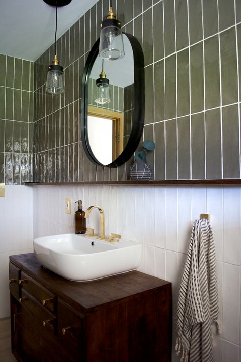 Green vertical stacked tile in a bathroom Green And White Tile, Silver Bathroom Decor, Laminate Cabinets, Black Toilet, Creative Bathroom, Color Block Pattern, Wood Look Tile, Half Bathroom, Wooden Candle Holders