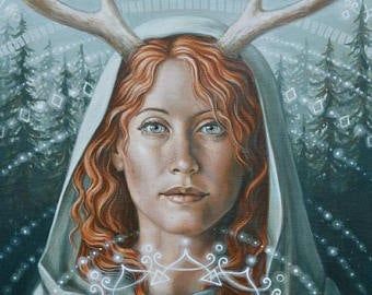 White Hart, Celtic Goddess, Goddess Art, Visionary Art, Mixed Media Canvas, Gods And Goddesses, Paper Print, Spirit Animal, Antlers