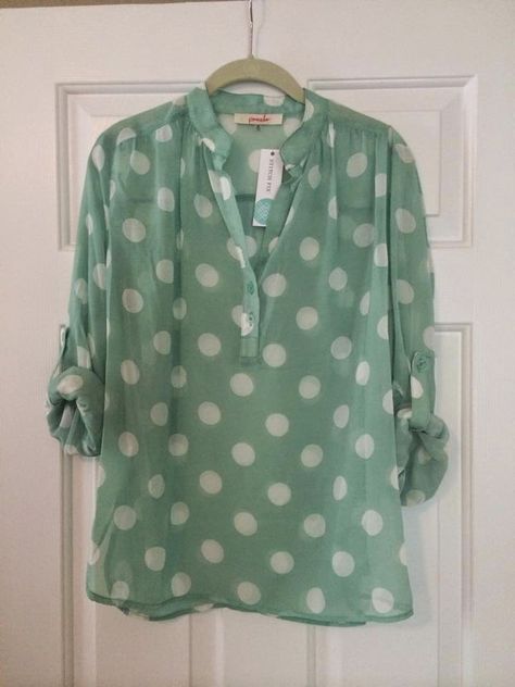 Stitch Fix June 2014 Pomelo Missy Polka Dot Tab-Sleeve Blouse, maybe with a belt? Stitch Fit, Stitch Fix Outfits, Stitch Fix Stylist, Green Jeans, Polka Dot Blouse, Look Cool, Stitch Fix, Tunics, Pretty Outfits