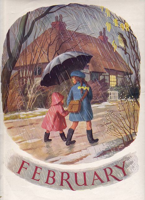 feb sucks; it is the worst month for me, but it is short w/many promises ahead. feb | Flickr - Photo Sharing! People Walking In The Rain, February Month, February Baby, Postal Vintage, Vintage Illustration Art, Album Ideas, People Walking, Leap Year, Under My Umbrella