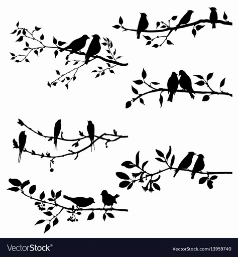 Set of birds at tree branches silhouettes vector image Branch Drawing, Vogel Silhouette, Branch Tattoo, Bird Stencil, White Plants, Desenho Tattoo, Bird Silhouette, Bird On Branch, Bird Tree