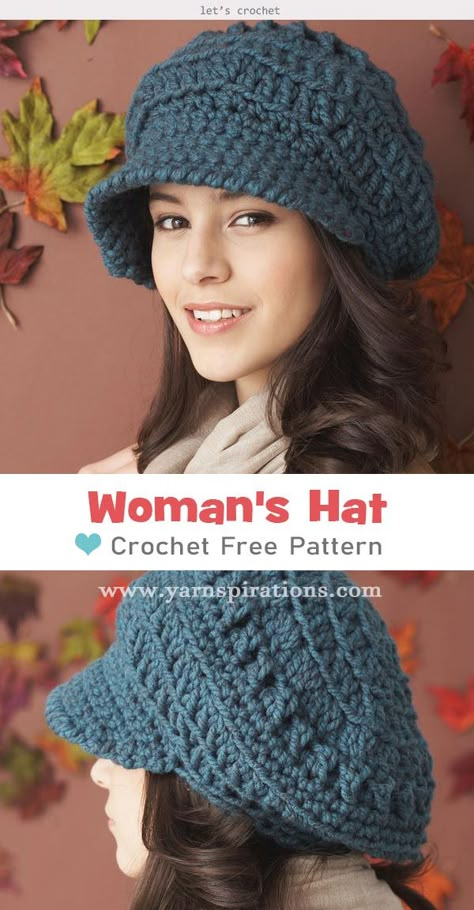 Bernat Slouchy Peaked Hat Free Crochet Pattern #freecrochetpatterns  #crochethatpattern  #slouchyhat Crochet Slouchy Hat Free Pattern, Winter Hat Crochet Pattern, Hat Free Crochet Pattern, Peaked Hat, Crochet Slouchy Hat, Easy Crochet Hat, Crochet Hat Patterns, Crochet Beanies, Crochet Hat Free