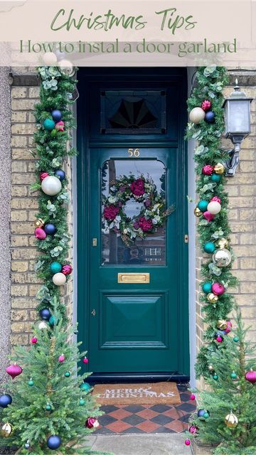 Laura Cave | Interiors | DIY | Upcycling | Styling | UK on Instagram: "How to instal a front door garland When I first installed our front door garland last year I had loads of questions asking how I’d hung it up so this year I’ve created a little “how to” guide to help you create your own. - You’ll be using small cup hooks to anchor the garland so drill 2 holes above your door then 3-4 either side. Push a rawl plug into each hole - use a colour that blends best with your brickwork so that they aren’t noticeable for the rest of the year - Screw in your cup hooks making sure that the ones at either side are horizontal rather than vertical - Find the mid-point of your garland then, starting from the top, hook it behind the cup hooks. Mine is made from one luxury and 2 cheaper garlands tw Diy Front Door Christmas Garland, Christmas Door Garland Diy, Christmas Garland Front Door, Front Door Garland, Door Garland, Diy Christmas Door, Double Front Doors, Cup Hooks, Christmas Front Doors