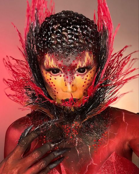 Fire Elemental Makeup, Gothic Fantasy Makeup, Demon Woman Costume, Kraken Makeup, Fire Element Makeup, Elements Makeup, Fire Mask, Fire Vs Water, Uv Makeup