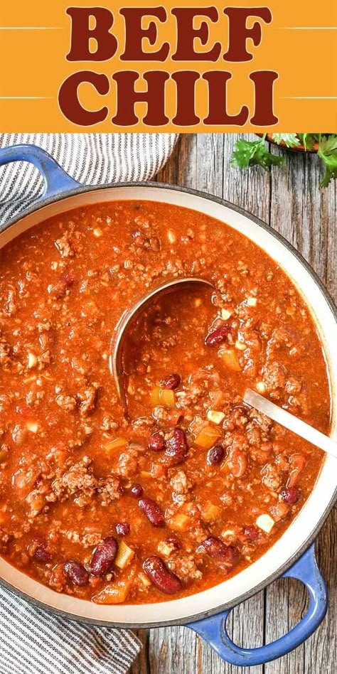 Beef Chili! Everyone needs a recipe for classic beef chili. Make this one your go-to! It's made with corn, peppers, tomatoes, and beans, and makes enough to freeze for later! #beefchili #chili #simplyrecipes Best Beef Chili, Best Chili Recipes, Stovetop Chili, Classic Chili Recipe, Ground Beef Chili, Beef Chili Recipe, Recipe Crockpot, Best Chili, Best Chili Recipe