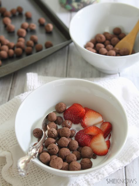 Step aside, Cocoa Puffs... There's an easy (healthier) homemade version in town Cereal Recipes Homemade, Fun Foods To Make, Homemade Cereal, Chocolate Cereal, Cocoa Puffs, Healthy Cereal, Healthy Cat Treats, S'mores, Cereal Recipes