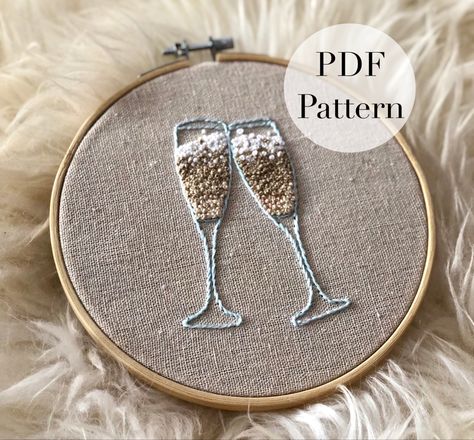 This is a digital download of a PDF pattern of champagne glasses clinking! Champagne Glasses Clinking, Champagne Embroidery, New Years Eve Champagne, Glasses Clinking, Dress Beading, French Knot Embroidery, Simple Stitch, Sewing Circles, Color Key