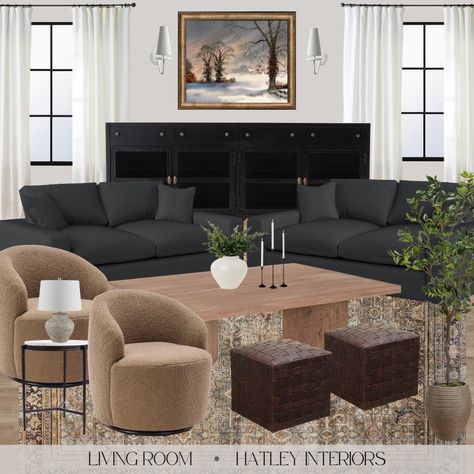 living room design, living room decor, living room style, dark sofa living room Dark Lounge Styling, Dark Charcoal Sectional Living Room, Slate Sofa Living Room, Dark Charcoal Sofa Living Rooms, Cool Tone Mid Century Modern, Dark Grey Chairs Living Room, Dark Couches Living Room, Dark Couch Family Room, Black Sofa Mood Board