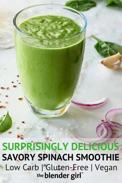 Savory Green Smoothie {Vegan, Gluten-Free, Paleo} - The Blender Girl Green Smoothie Vegan, Smoothie With Spinach, Easy Green Smoothie Recipes, Green Smoothie Challenge, Blender Smoothie, Green Smoothie Recipe, Best Smoothie, Green Detox Smoothie, Smoothie Cleanse