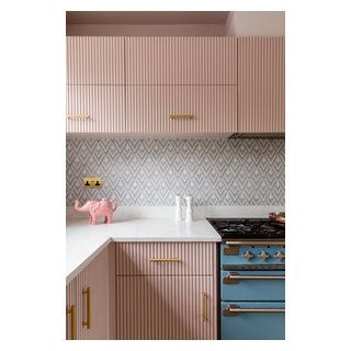 Stylish Hampshire Home - Eclectic - Kitchen - Hampshire - by Randell Design Group | Houzz Copper Mosaic Backsplash, Pink Kitchen Cabinets, Pink Kitchen Ideas, Pink Refrigerator, White Upper Cabinets, Pink Cabinets, Dark Green Kitchen, Pastel Kitchen, Bathroom Shower Walls